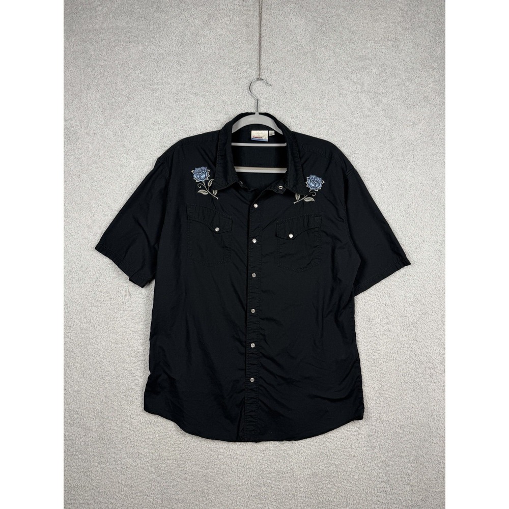 Hurley Men's Black Western Shirt Short Sleeve Embroidered Roses Snap Button Sz L